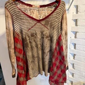 Scrapbook Red Plaid and Tan Striped Long Sleeve Top